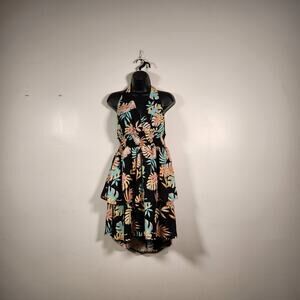 MADDEN NYC Black Beauty Plunge Halter Dress Juniors XL Black Pastel Tropical